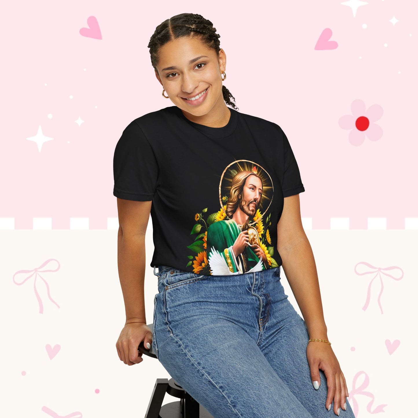 Saint Jude with Dove T-Shirt — Religious Christian Faith Graphic Tee (Sunflowers)