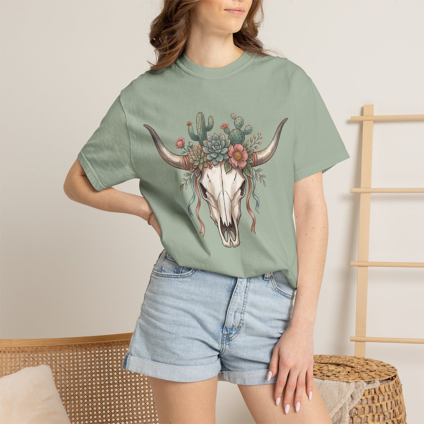 Cow Skull Floral Tee — Western Boho Cactus Graphic T-Shirt