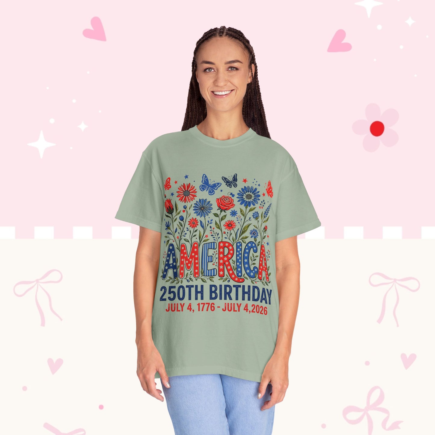 America 250th Birthday T-Shirt — July 4, 1776–2026 Patriotic Floral Tee