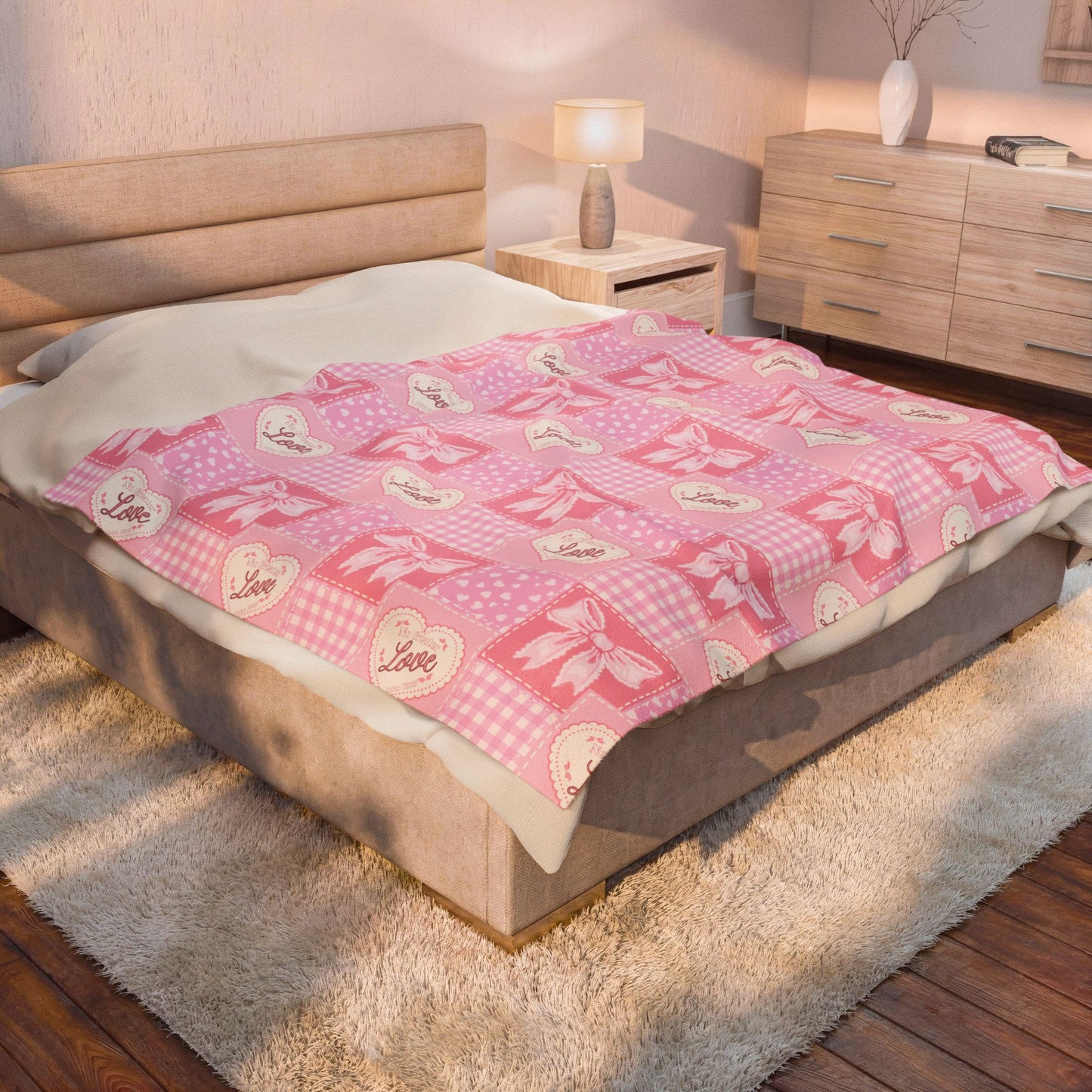 Heart & Bow Pink Velveteen Blanket – 'Love' Patchwork Plush Throw