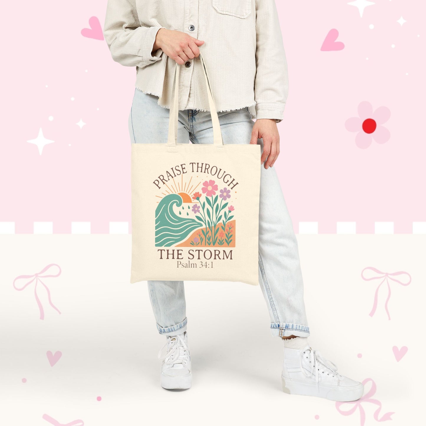 Tote — "Praise Through the Storm (Psalm 34:1)" Floral Wave Canvas Tote