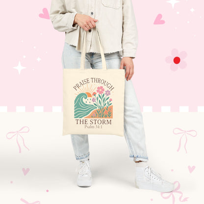 Tote — "Praise Through the Storm (Psalm 34:1)" Floral Wave Canvas Tote