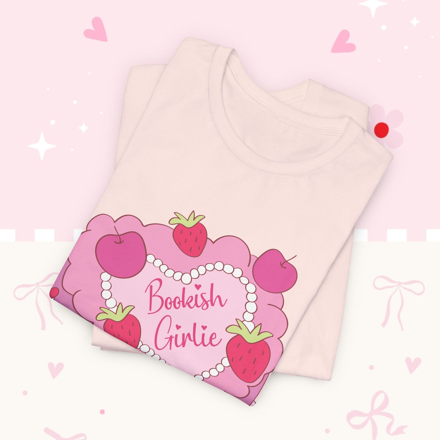 Cake Cutie Tee — “Bookish Girlie” Pink Strawberry Graphic T‑Shirt